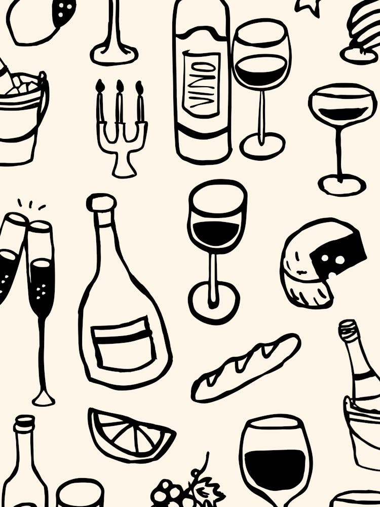 Wine & Cheese Night Hand-Drawn Illustration Print