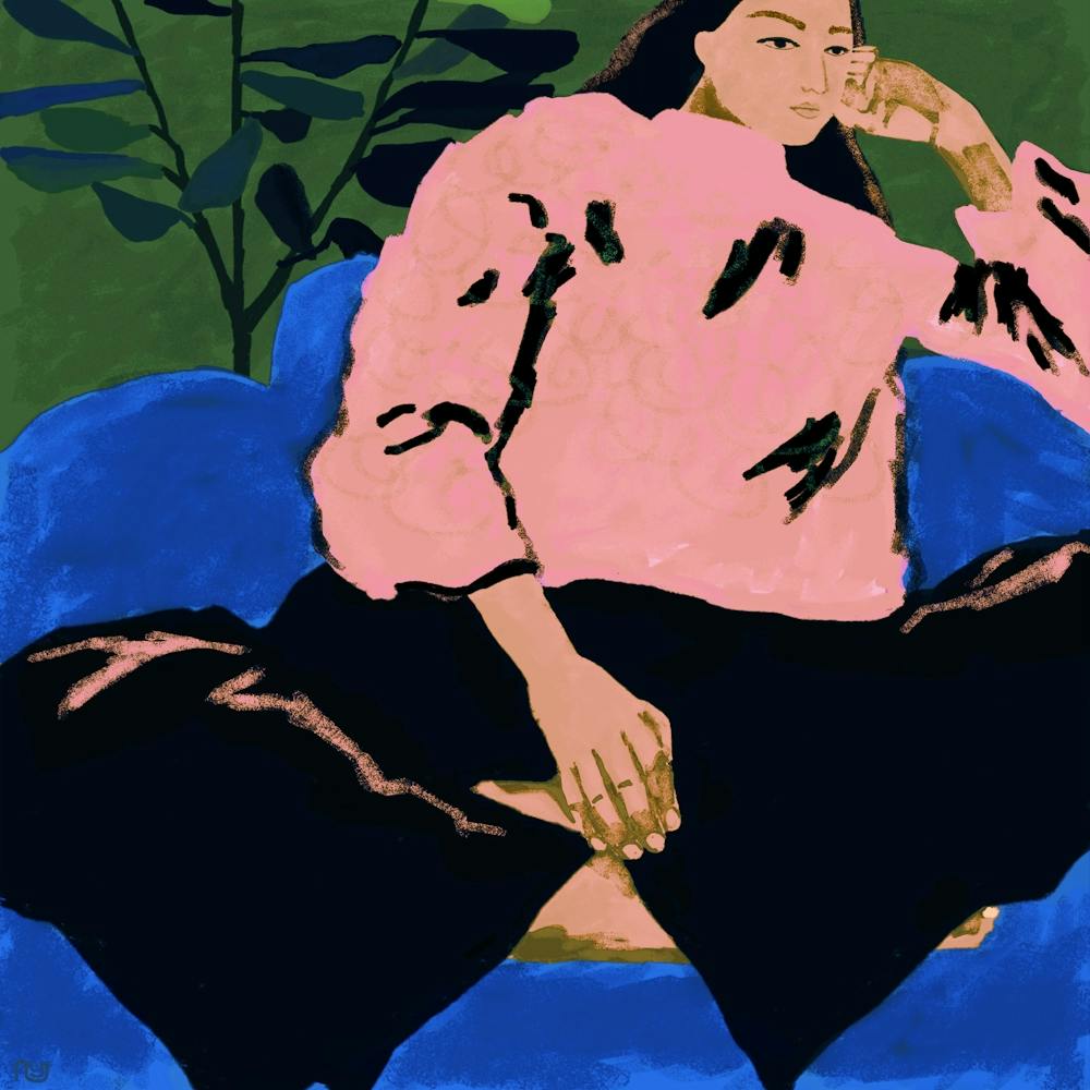 Woman On Blue Chair 1