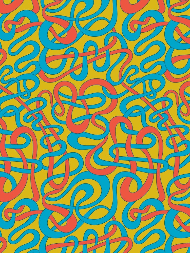 MY STRIPES ARE TANGLED Curvy Organic Abstract Squiggle Shapes in Retro Big Top Circus Colours Blue Red Teal on Mustard Yellow