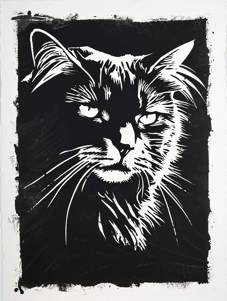Laperm Cat Linocut Blockprint 1