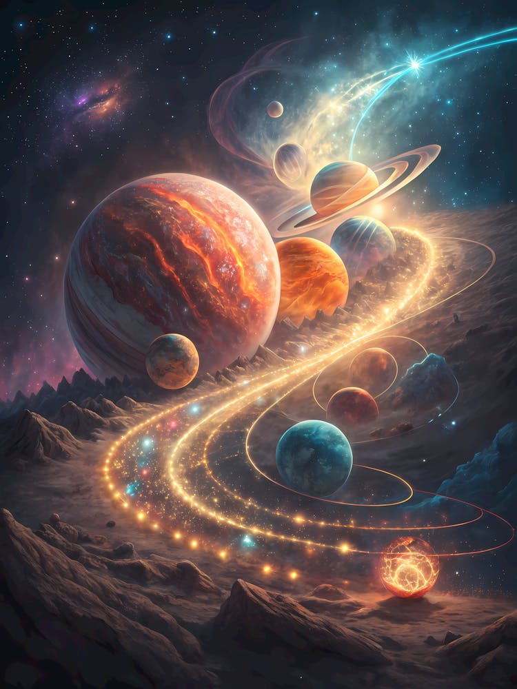 Surreal Cosmic Planetary Alignment Oil Painting
