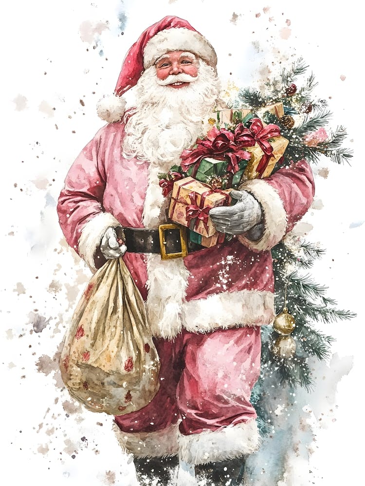 Santa Claus With Gifts Watercolor Painting