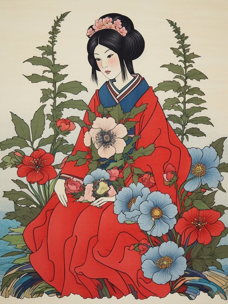Hanaichige Japanese Anemone Vintage Japanese Botanical And Geisha