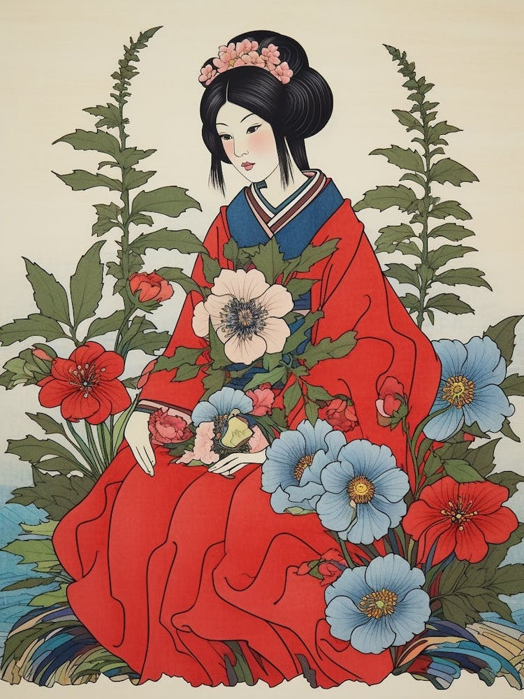 Hanaichige Japanese Anemone Vintage Japanese Botanical And Geisha