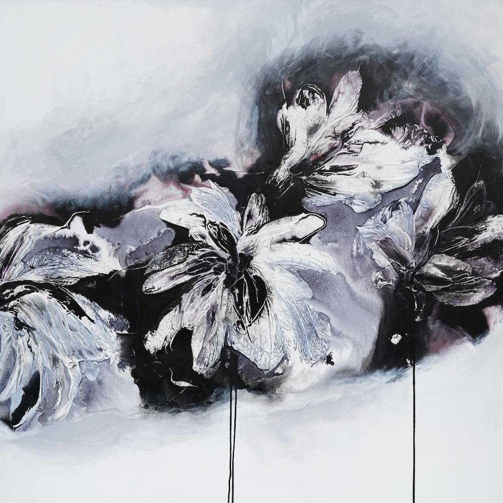 White And Black Flowers 3 Painting Square