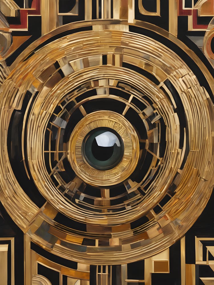 Moment - Abstract Art Deco Geometric Shapes Oil Painting Modernist Picasso Inspired Bold Gold Green Turquoise Red Face Visionary Fantasy Style Wall Decor Surrealism Trippy Cool Room Art Invoke Psychedelic