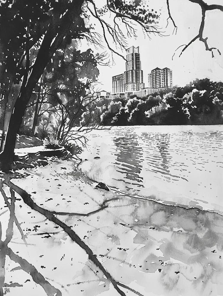 Zilker Metropolitan Park Austin Texas Schwarz-Weiß-Aquarell 2