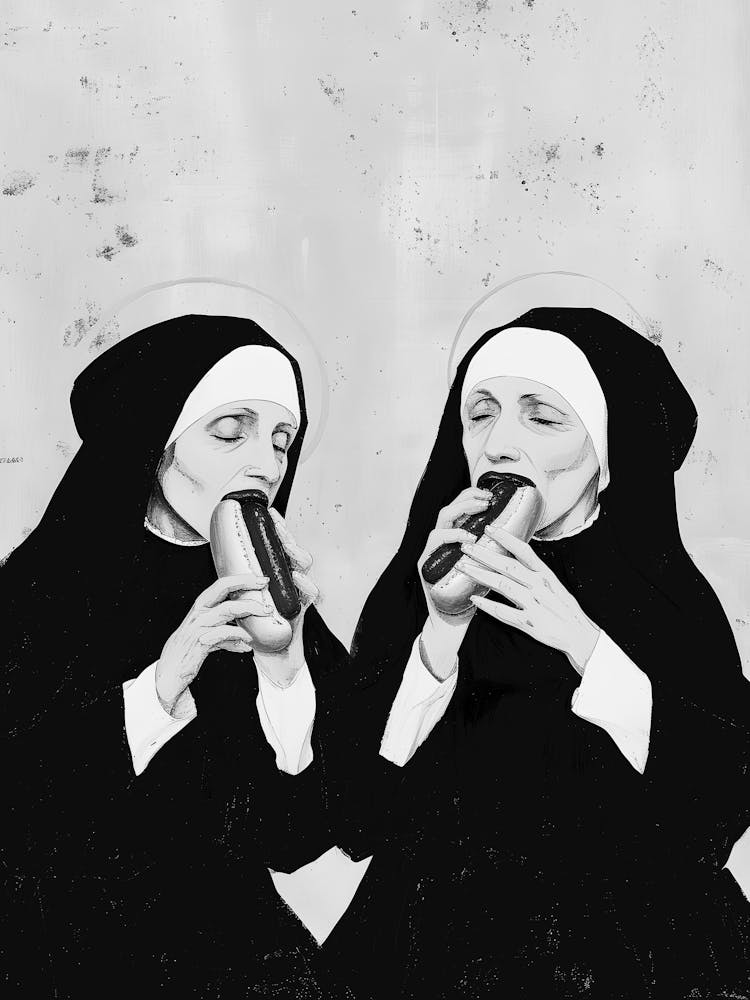 Two Nuns Eating Hot Dogs