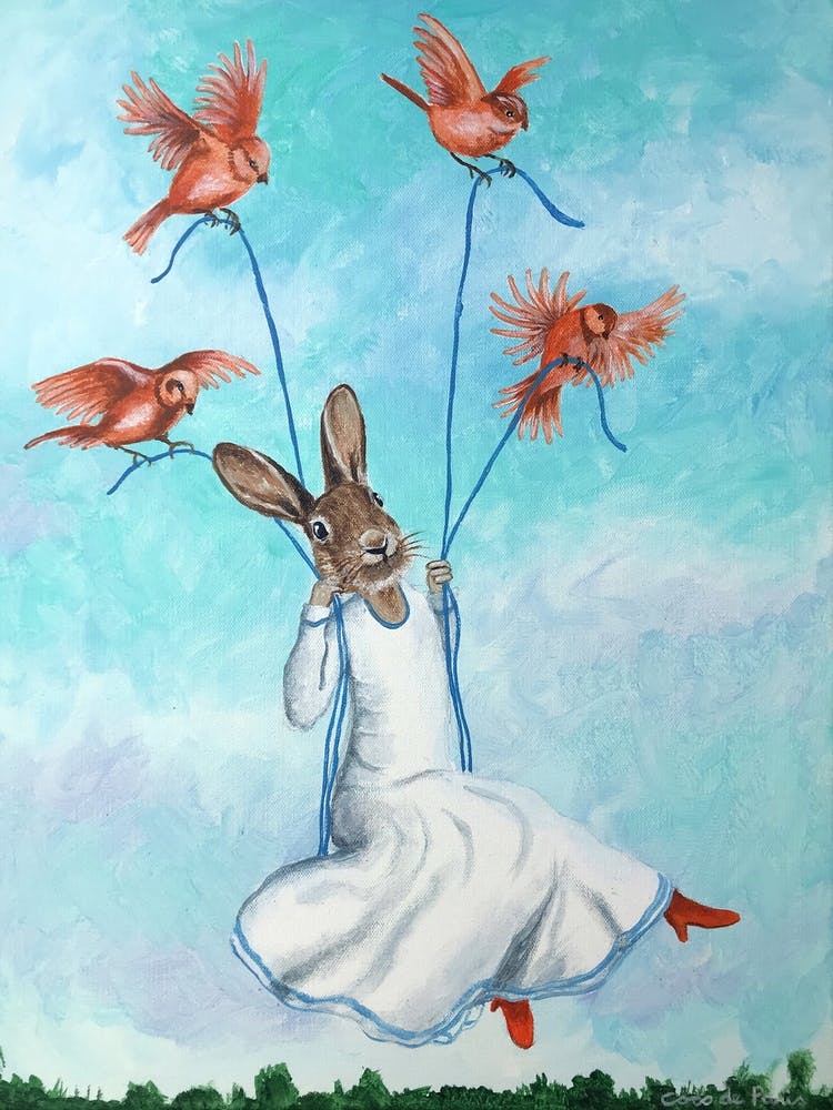 Rabbit On Swing With Birds