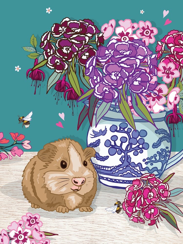 Guinea Pig And Sweet Williams In A Blue Willow Jug
