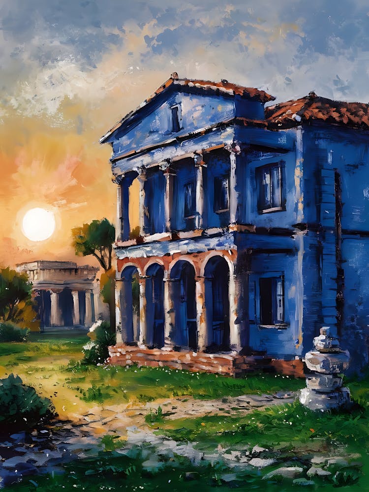 Blue House At Sunset