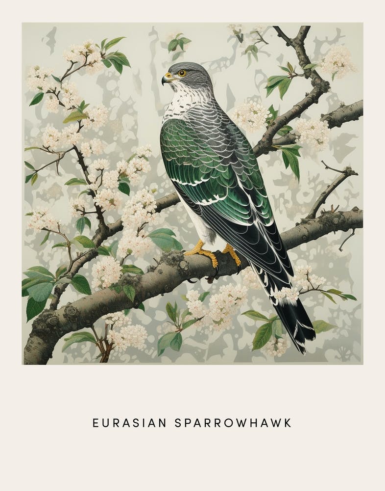 Peinture d'Oiseau Inspirée d'Ohara Koson Épervier d'Europe 2 Affiche