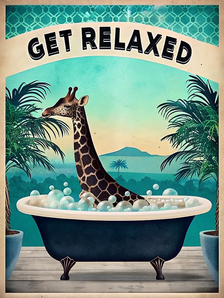 Vintage Poster Of A Giraffe In A Bathtub Relaxing