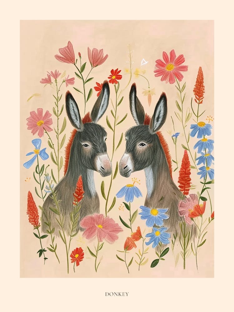 Folksy Floral Animal Drawing Donkey 2 Poster