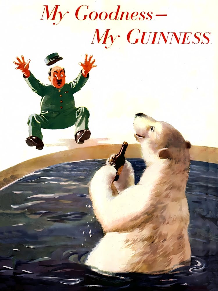 My Guinness, Polar Beer in Pool with a Beer Bottle and Amazed Zoo Keeper, Funny Beer Advertising Poster
