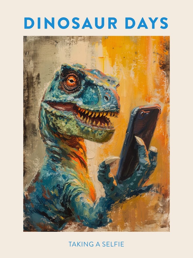 Dinosaur Taking A Selfie Blue Orange Poster