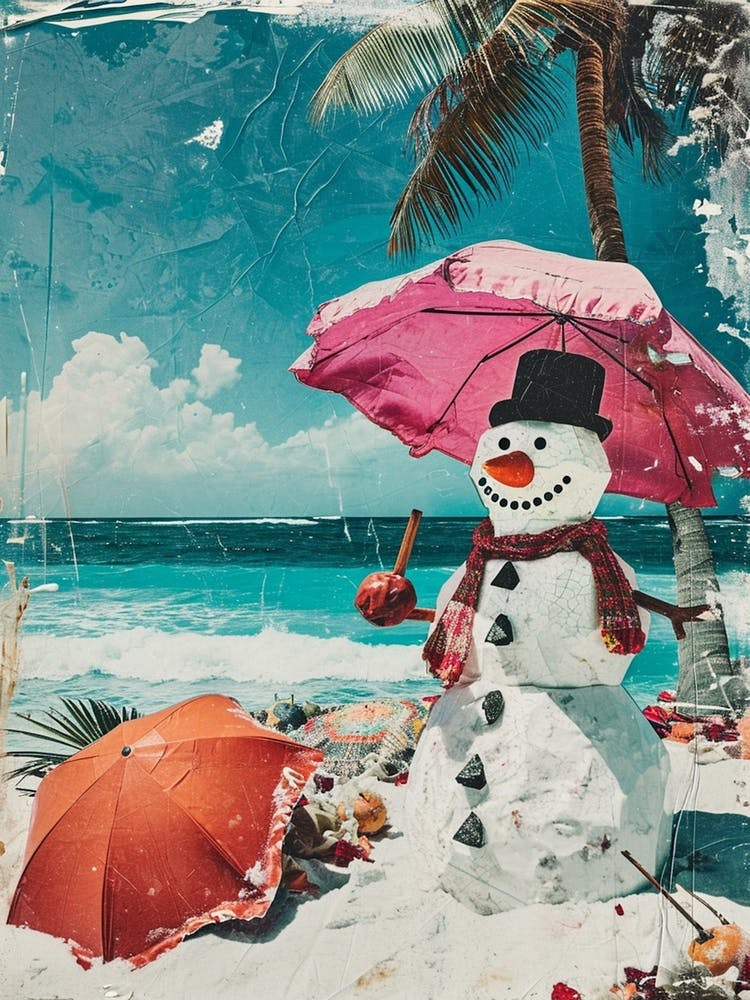 Retro Kitsch Snowmen On The Beach 3