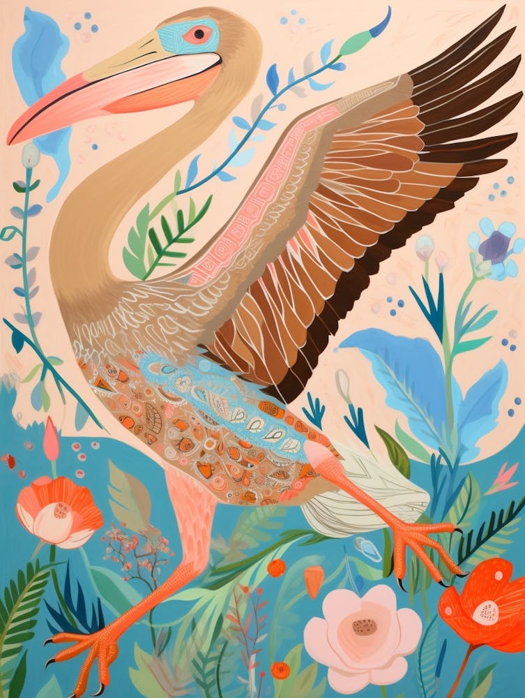 Maximalistisches Vogelgemälde Braunpelikan 1