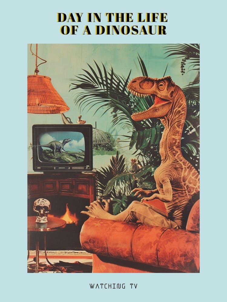 Retro Collage Dinosaur Watching Tv 3 Poster