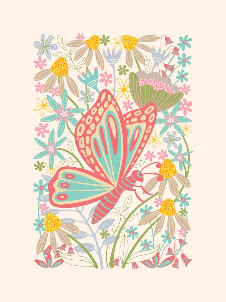 BUTTERFLY LANDING Delicate Bugs Floral with Pastel Garden Flowers Red Turquoise