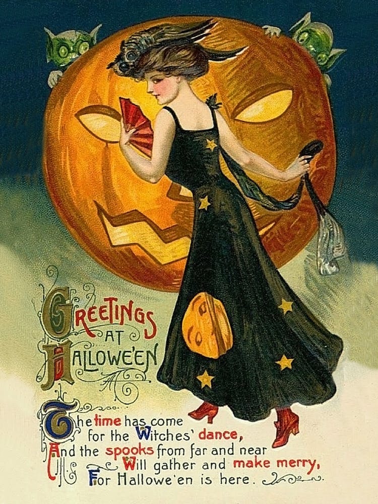 Young Woman With Halloween Poem And Jack O Lantern Behind Her