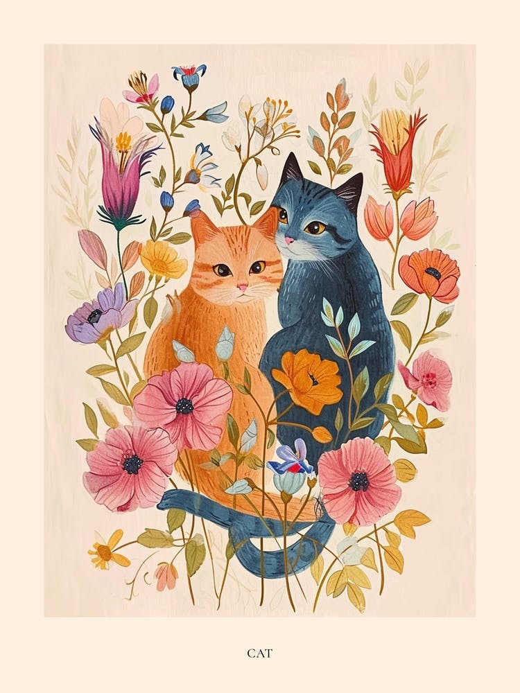 Folksy Floral Animal Drawing Cat 9 Poster