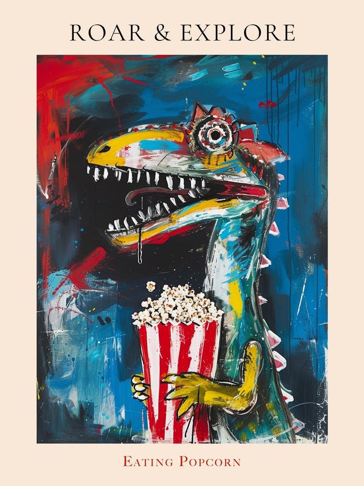 Paint Splash Dinosaur Eating Popcorn 4 Poster