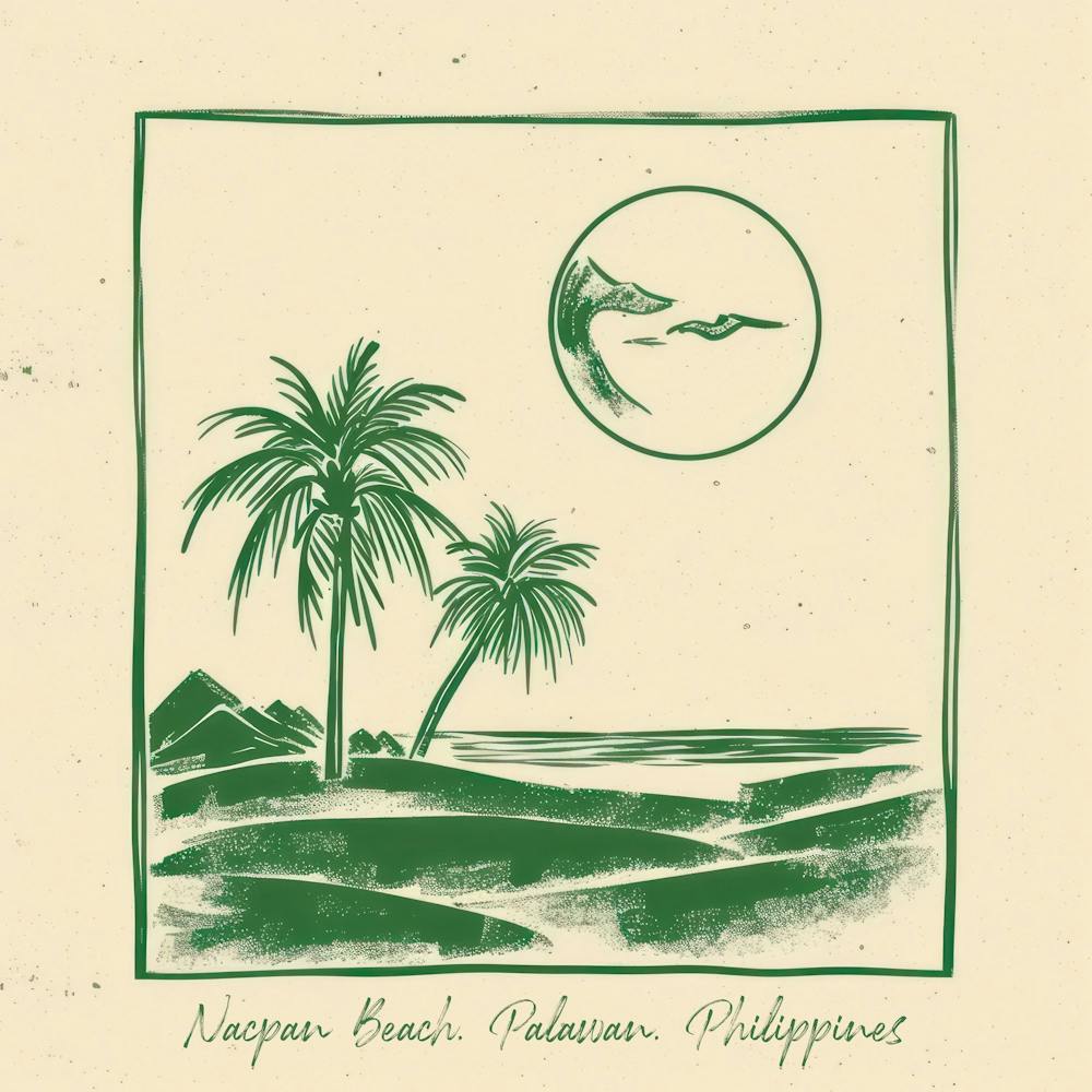 Nacpan Beach, Palawan, Philippines Green Line Art Illustration