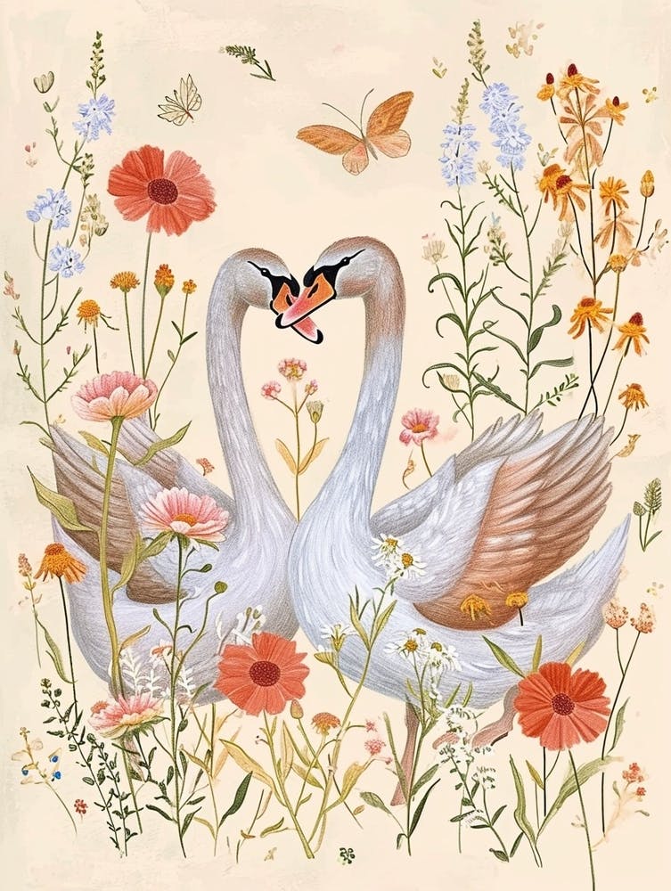 Folksy Floral Animal Drawing Swan