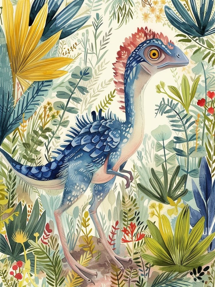 Watercolour Microraptor Dinosaur In The Plants 2