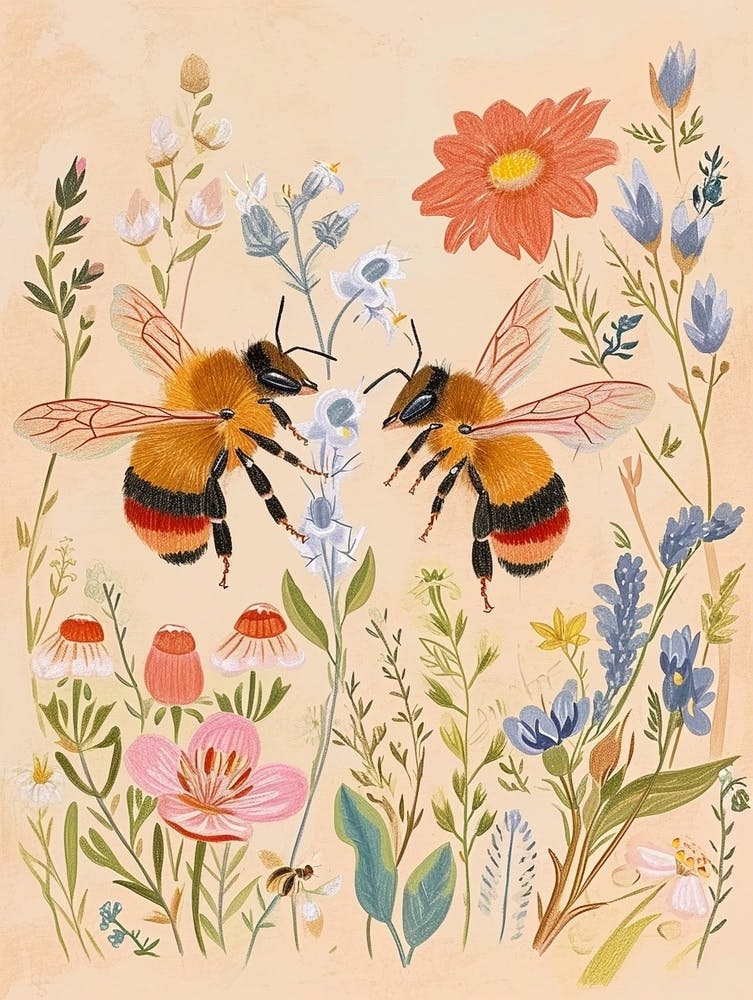 Folkloristisch Blumig Tierzeichnung Biene 3