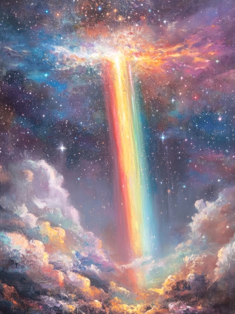 rainbow in starlit clouds painting in cosmic aesthetic in golden & violet hues – visionary, surreal art perfect for meditation room, gallery wall, or celestial-themed bedroom