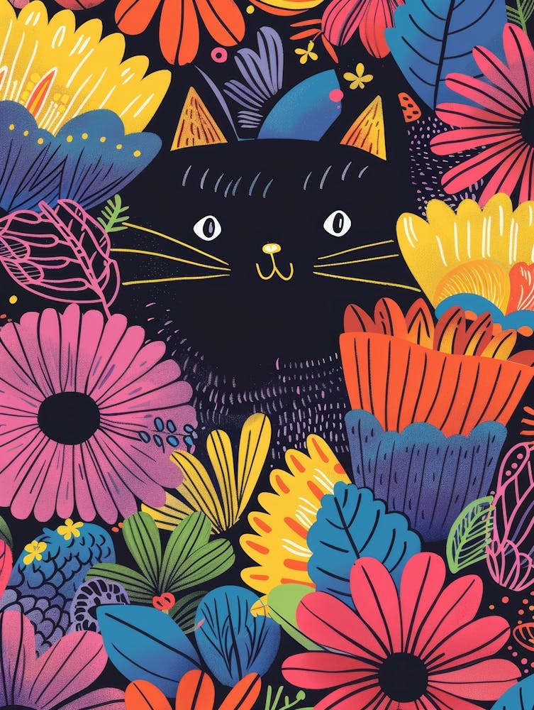 Black Cat With Flowers 11