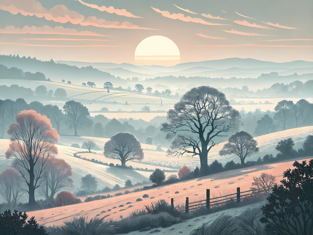 Retro-Vintage-Stil – Ein dunstiger Sonnenaufgang über einem Frost Co
