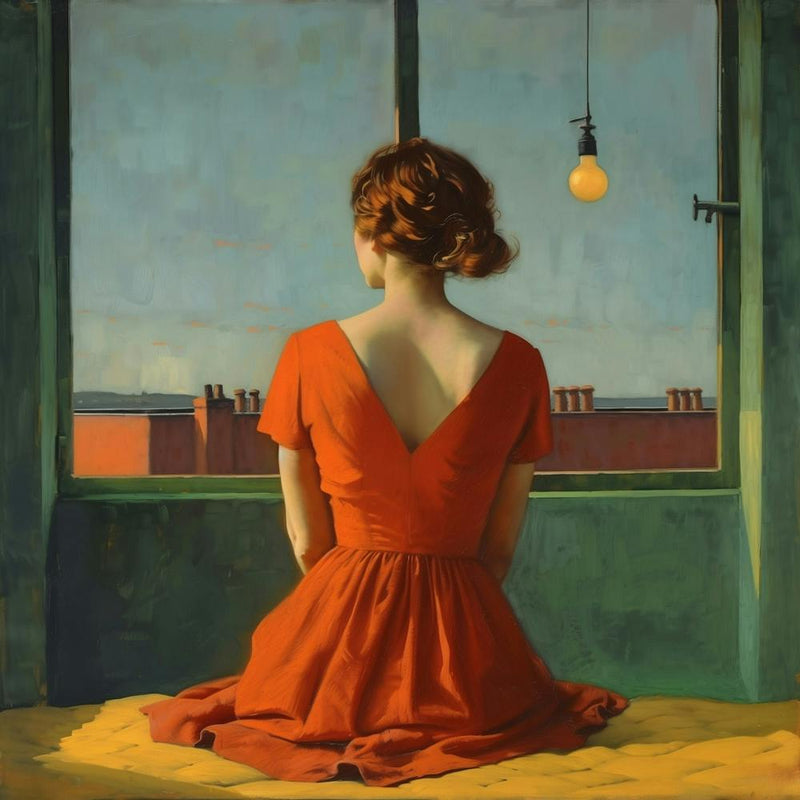 Portrait Frau mit rotem Kleid Malerei, Amerikanisch Hopper Style