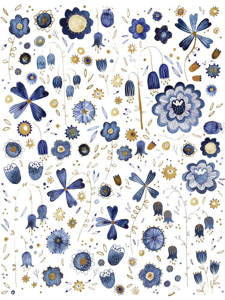 Fleurs Sauvages à l'Aquarelle Bleues et Or
