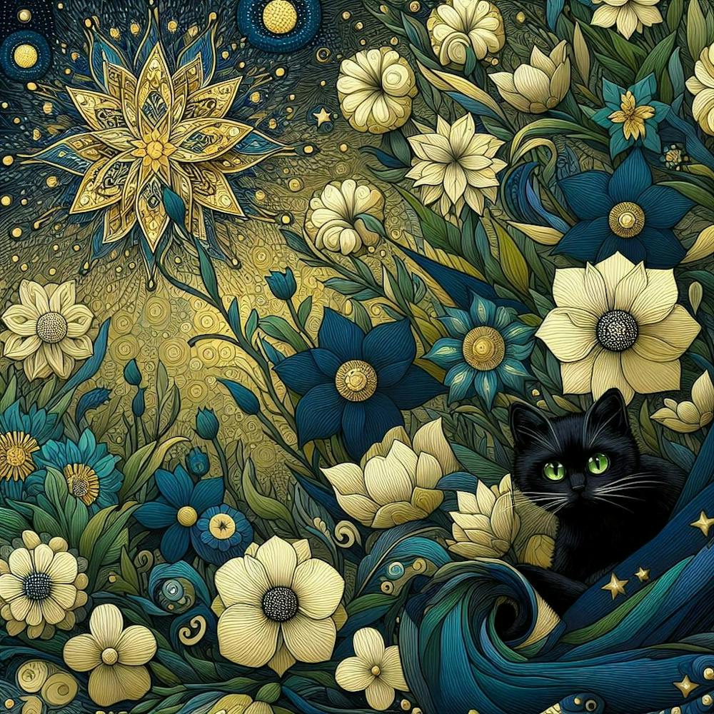 Black Cat In Flowers 1