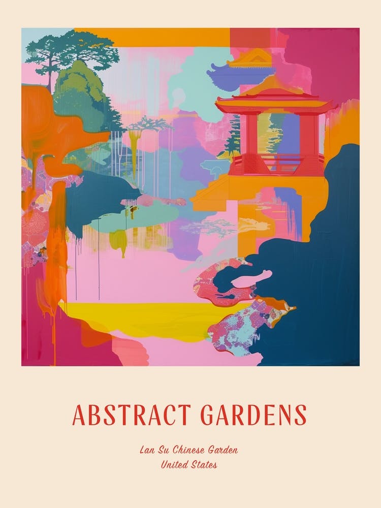 Colourful Gardens Lan Su Chinese Garden Usa 3 Red Poster