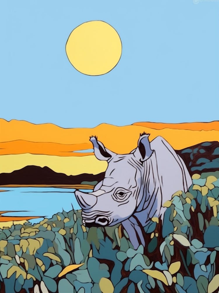 Rhino In The Plants Block Colour Illustration