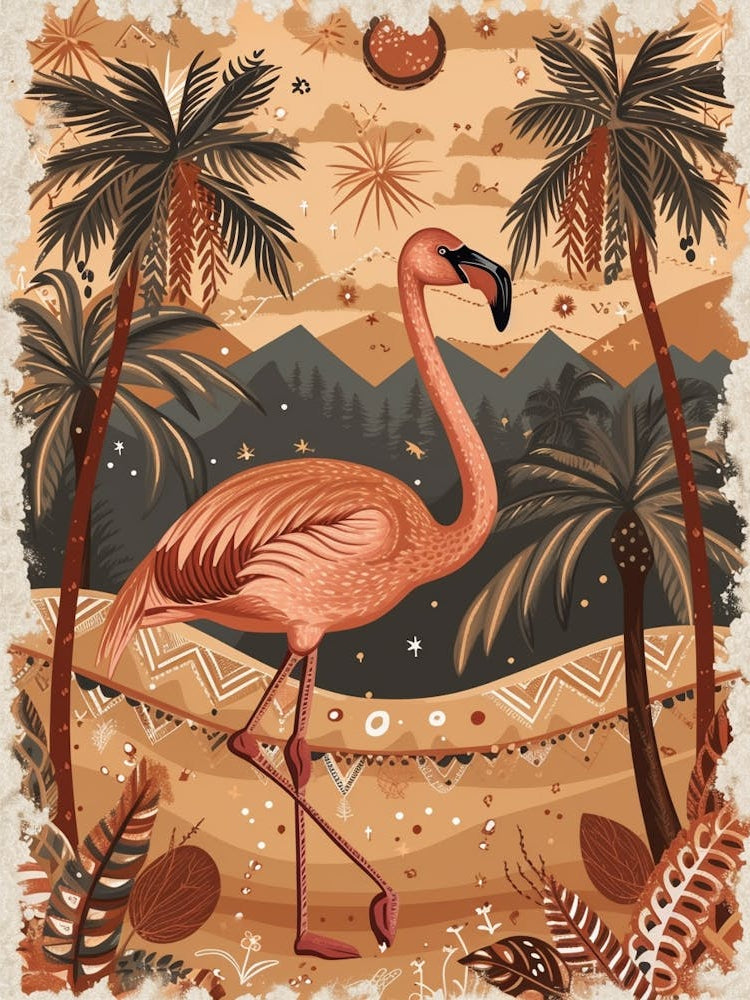 Greater Flamingo And Coconut Trees Boho Print 3