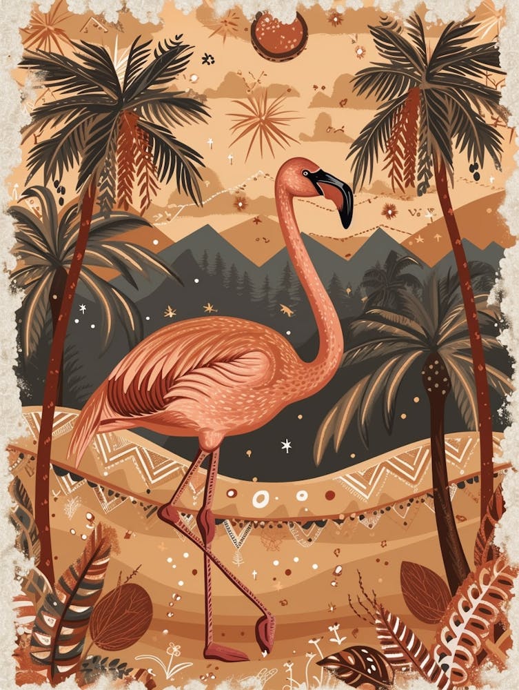 Greater Flamingo And Coconut Trees Boho Print 3