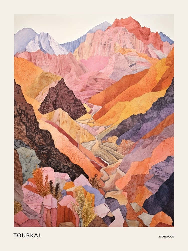 Toubkal Morocco 1 Colourful Mountain Illustration Poster