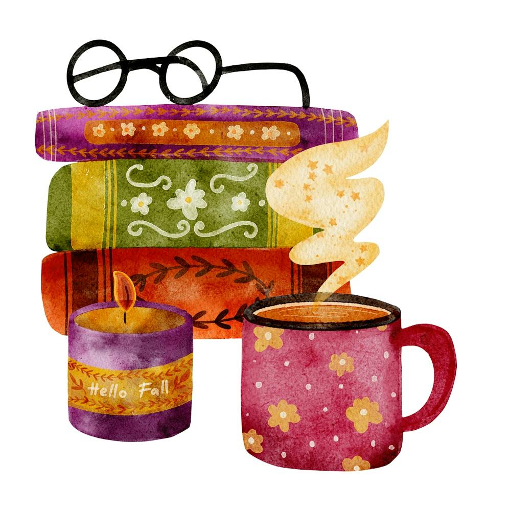 Tea cozy illustration with books and candle