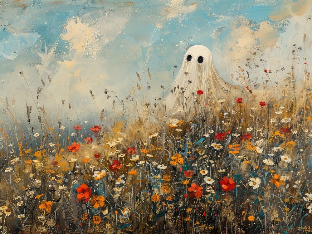 Colorful Halloween Landscape With Ghost Painting