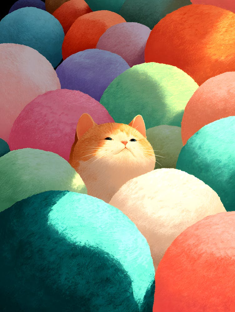 Adorable Plump Cat Surrounded by Soft Plush Balls 2