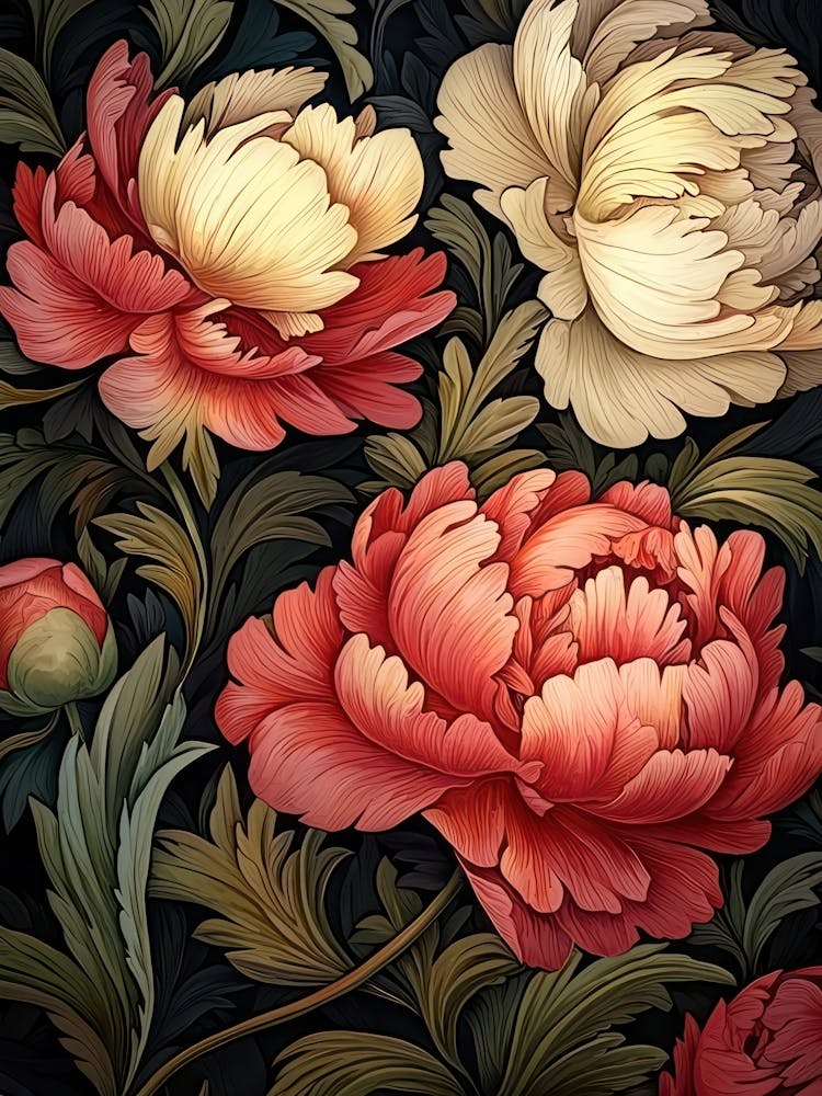 William Morris Peonies White And Red Vintage 