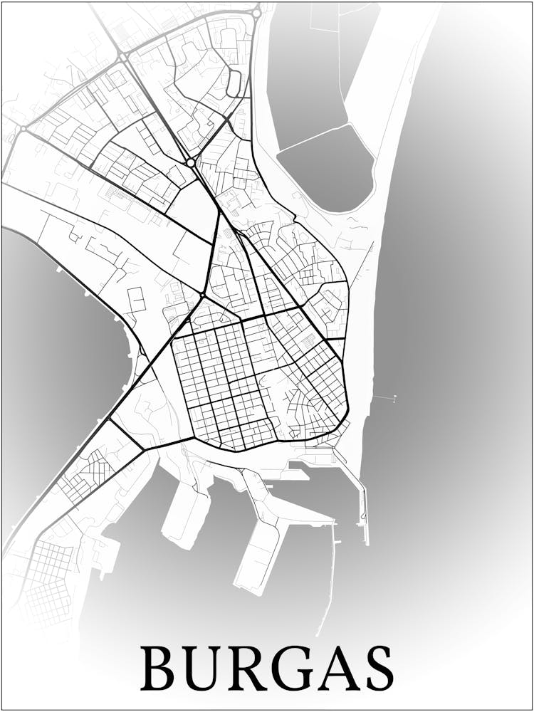 Burgas, Bulgaria, City Map, Black And White Fade Design