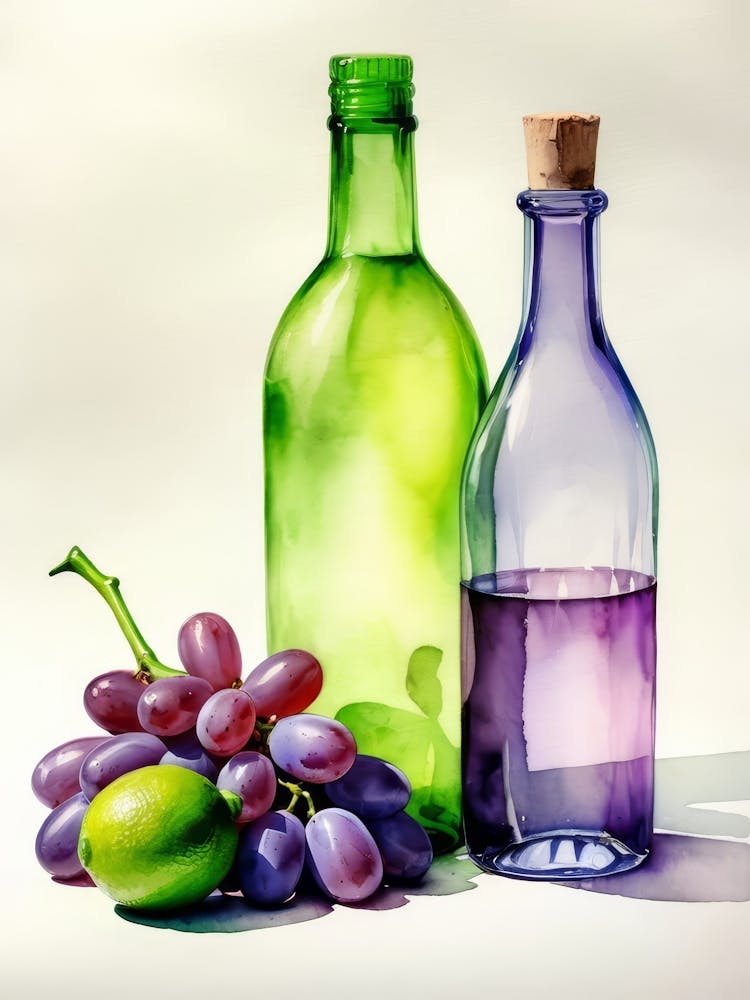 Lime and Grape near a bottle watercolor painting 6