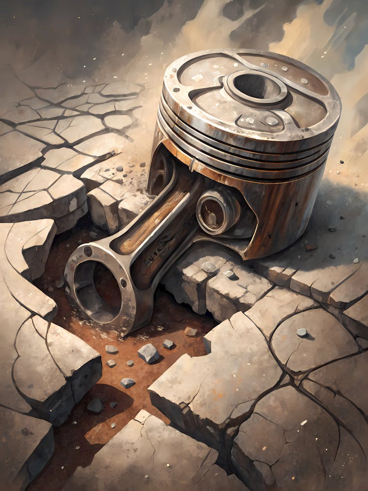 A Broken Engine Part Emerging from Cracked Earth Oil Painting Style