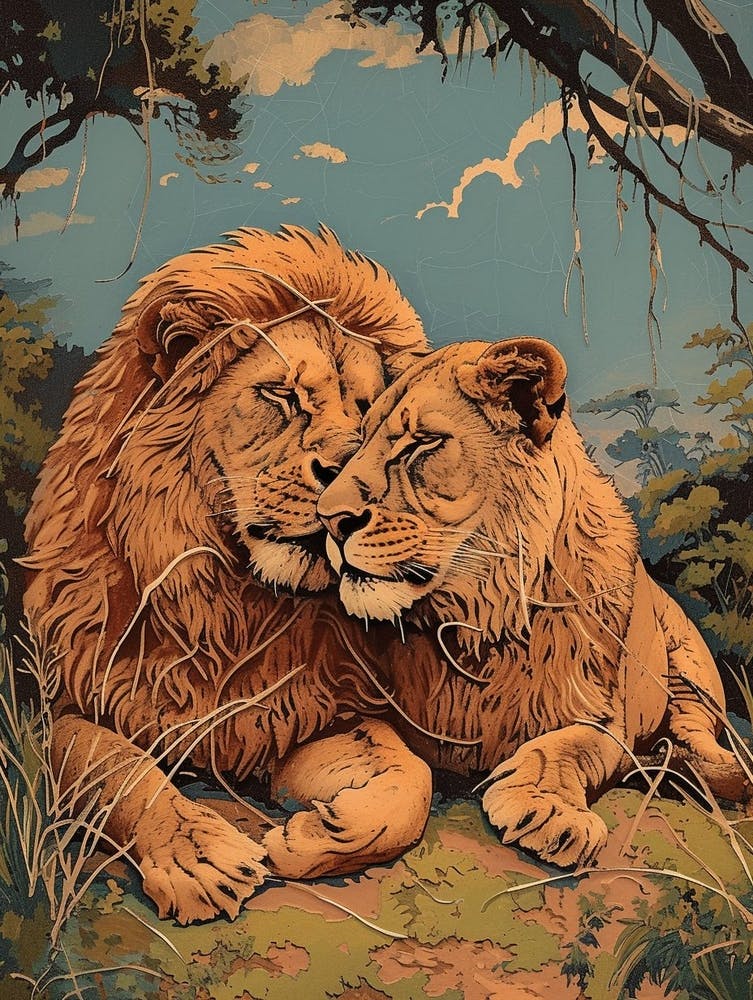 Barbary Lion Relief Illustration Family 2